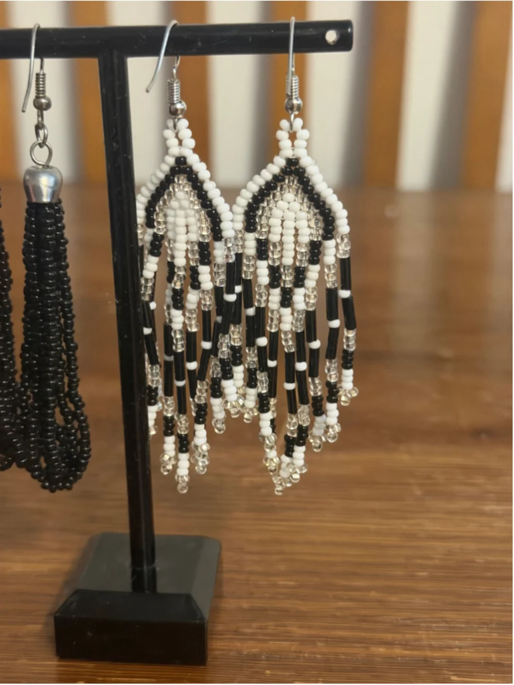2 Pair Seed Bead Fringe Tassel Earrings Black White Clear Long Dangle Boho